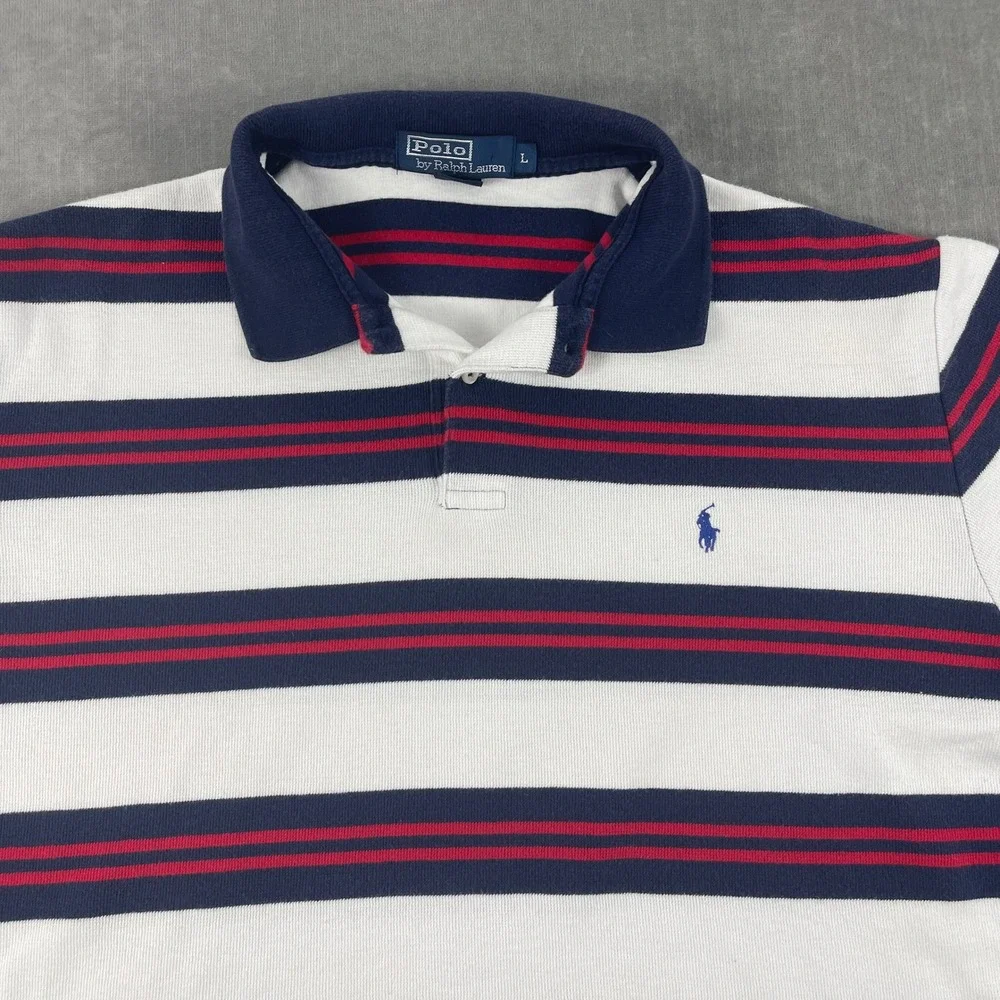 Polo Ralph Lauren Men L White Navy Red Striped Polo Shirt Embroidered Logo